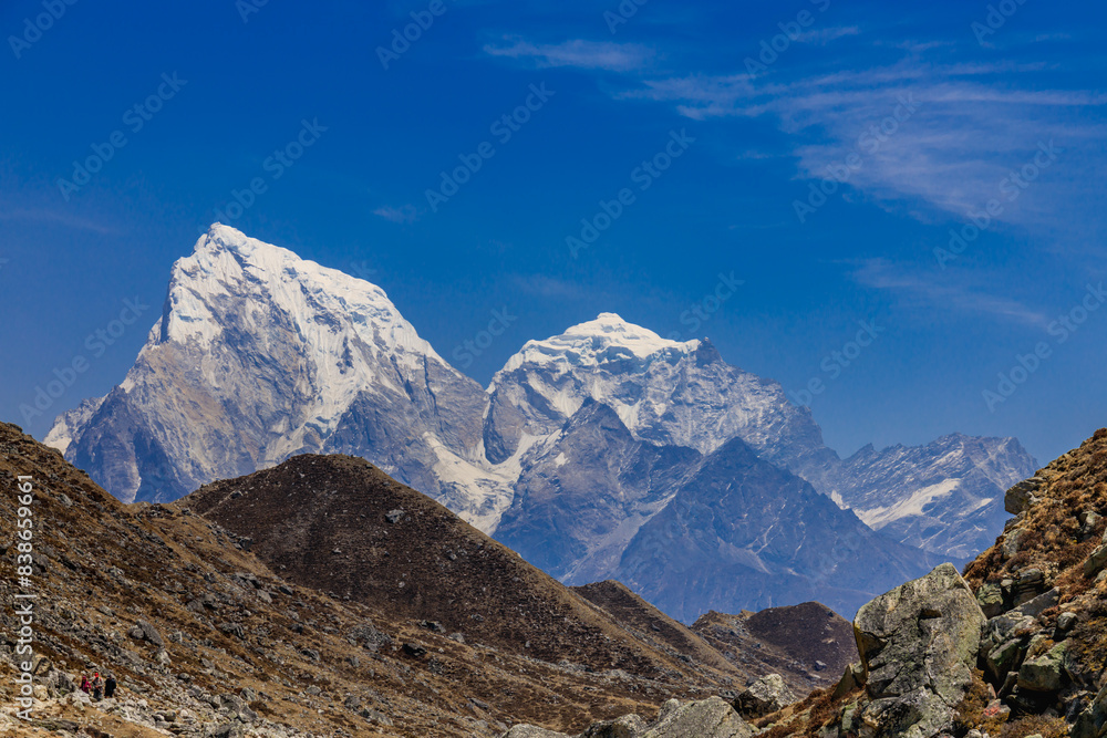Himalaya mountains landscape with high altitude snow and ice glacier summit peaks. Everest Base Camp Solo Khumbu trekking region in Nepal. Beautiful Himalayas eight thouthander summits under blue sky Himalaya mountains landscape with high altitude snow and ice glacier summit peaks. Everest Base Camp Solo Khumbu trekking region in Nepal. Beautiful Himalayas eight thouthander summits under blue sky