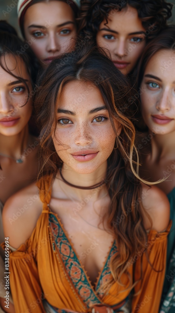 Obraz premium A group of five young women with diverse beauty and distinctive facial features, posing closely together and facing the camera in a vibrant and captivating shot
