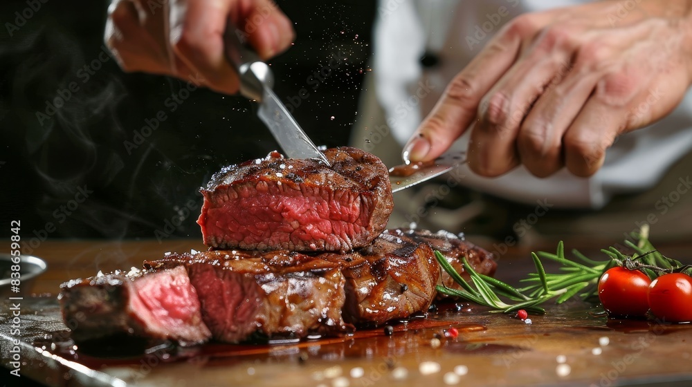 Chef cutting a perfectly cooked steak, juices flowing generated by AI