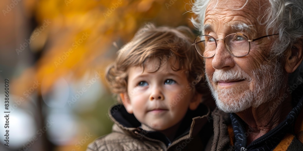 A tender moment between an elderly man and a young child set against the vibrant, colorful background of autumn foliage, capturing their warm expressions A tender moment between an elderly man and a young child set against the vibrant, colorful background of autumn foliage, capturing their warm expressions