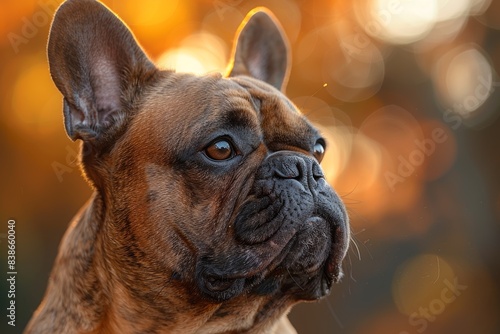 Charming close-up of a French Bulldog with striking bokeh background during a golden hour sunset capturing the breed's signature expression © aicandy