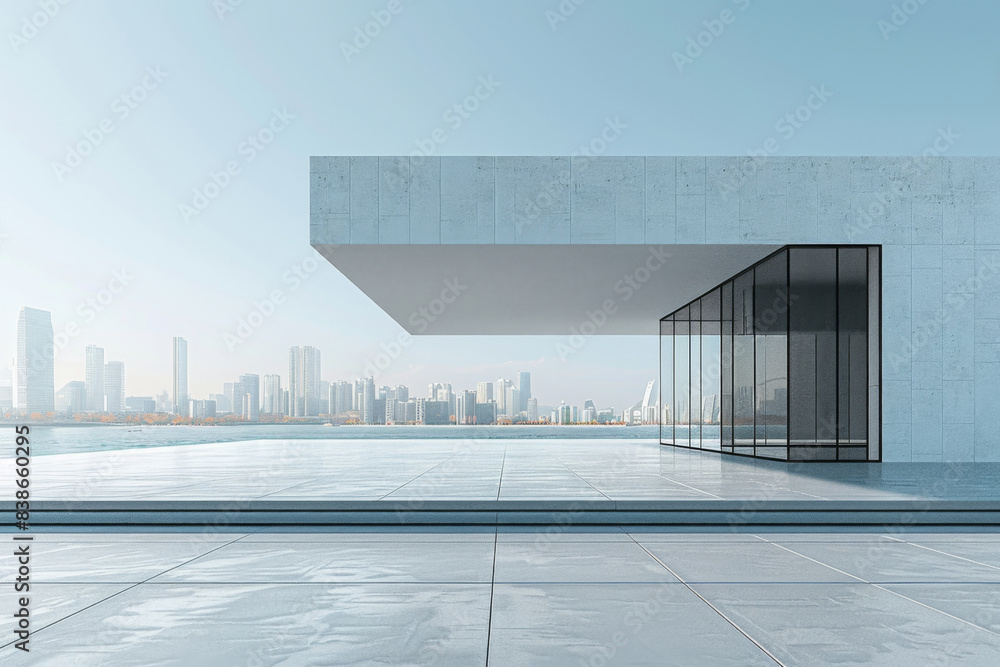 Concrete outdoor square building, The modern urban skyline is in the background. Concrete outdoor square building, The modern urban skyline is in the background.