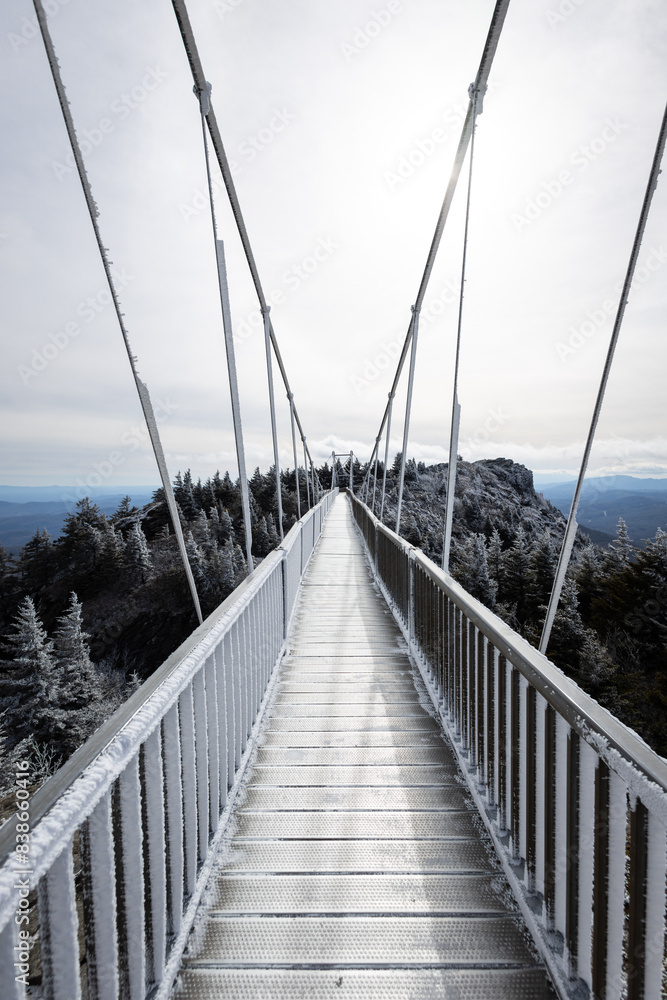 Obraz premium Mile High Bridge at Grandfather Mountain in Western North Carolina in the Snow