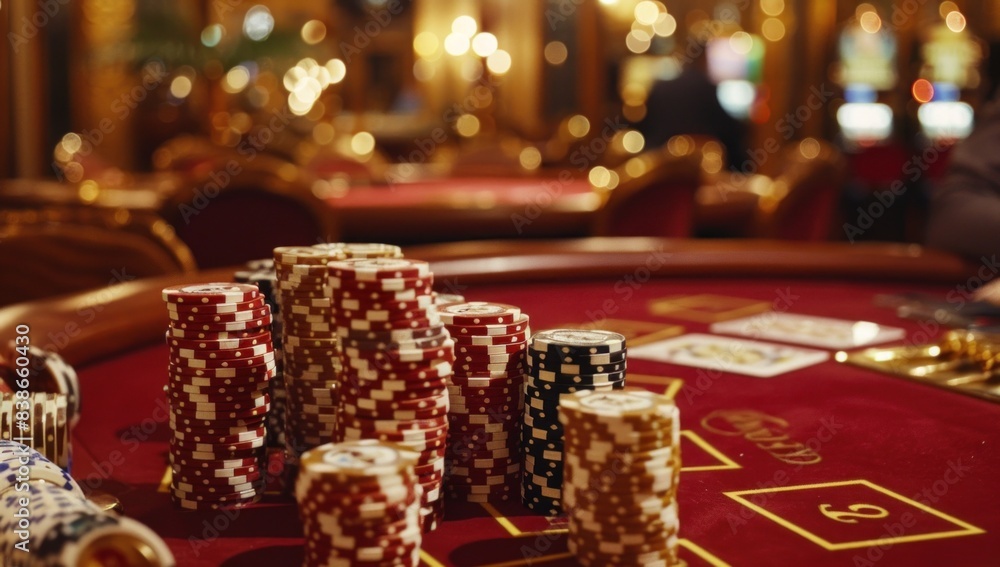 Capture the excitement of a glamorous casino scene with chips stacked high and cards being dealt. Capture the excitement of a glamorous casino scene with chips stacked high and cards being dealt.