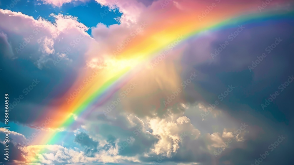 Vibrant rainbow stretching across a cloudy sky after a passing storm, symbolizing hope and renewal Vibrant rainbow stretching across a cloudy sky after a passing storm, symbolizing hope and renewal