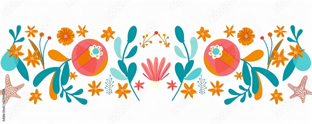 A minimalist flat design background with beach balls and starfish framing the top and bottom, leaving free copy space in the middle for text A minimalist flat design background with beach balls and starfish framing the top and bottom, leaving free copy space in the middle for text