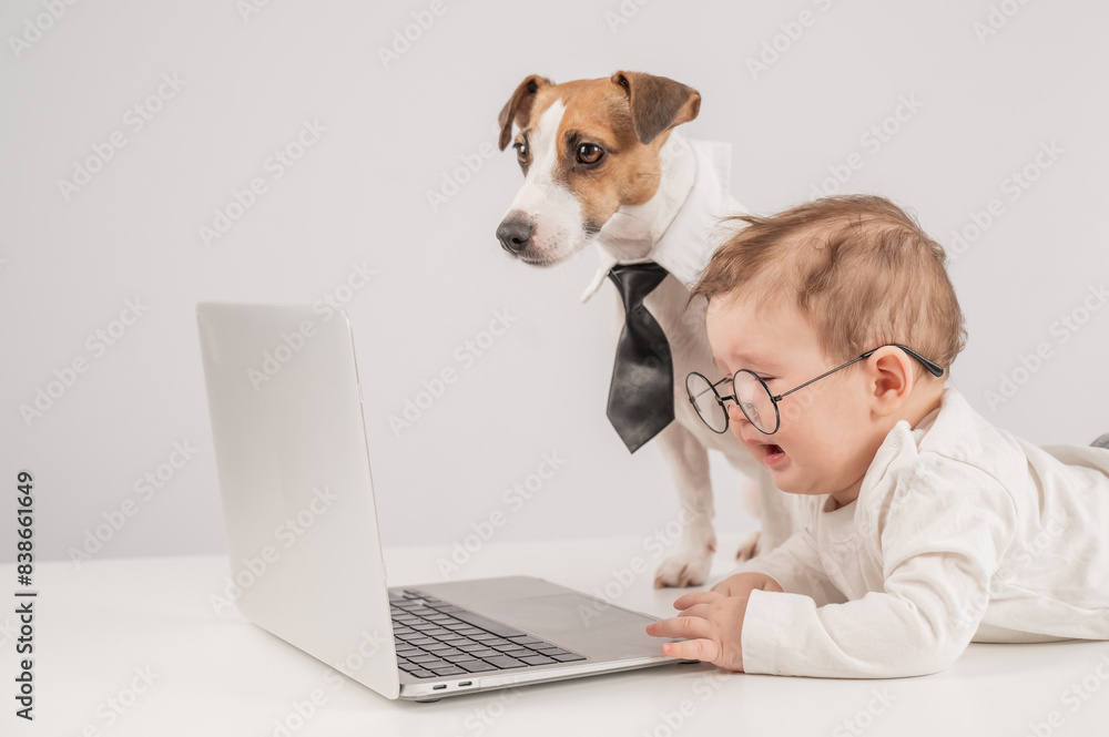 Cute baby boy and Jack Russell terrier dog working on a laptop. Cute baby boy and Jack Russell terrier dog working on a laptop.