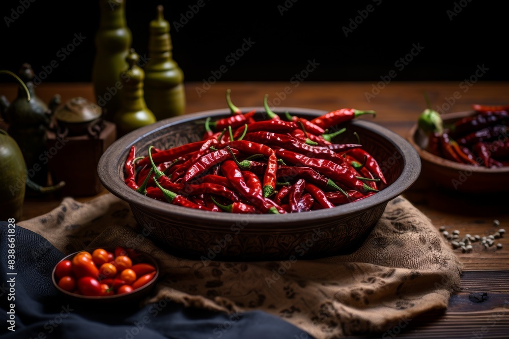 Rustic Bowl Of Fresh Red Chili Peppers Set In A Traditional Kitchen Scene. Generative AI Rustic Bowl Of Fresh Red Chili Peppers Set In A Traditional Kitchen Scene. Generative AI