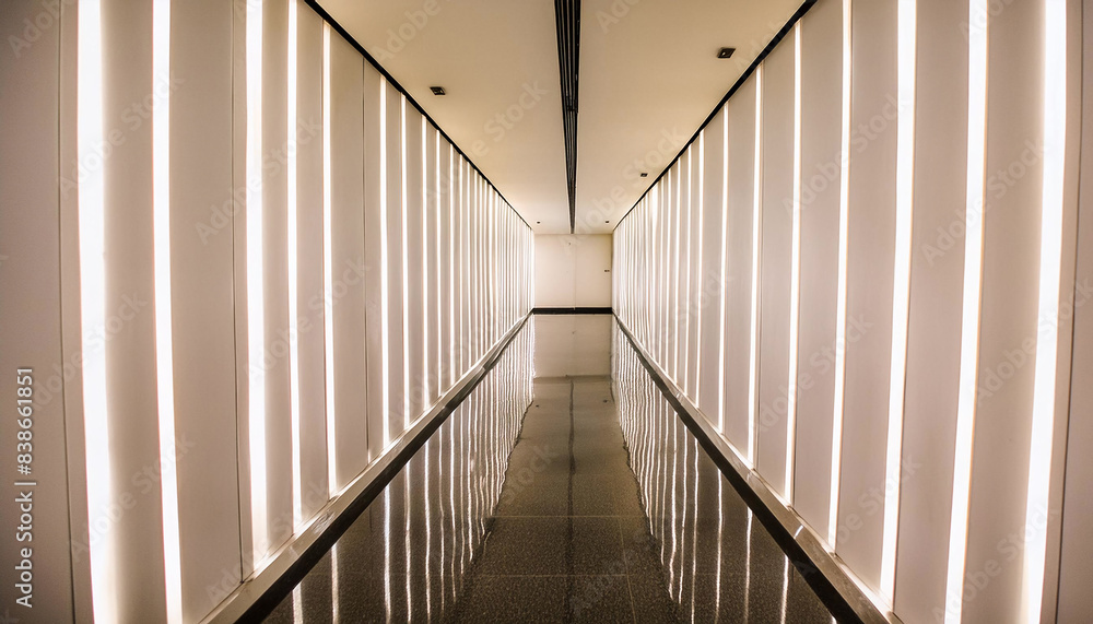 Fototapeta premium A narrow, minimalist hallway glows with vertical light strips