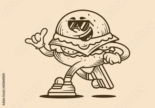 Vintage mascot character illustration of running burger