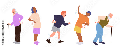 Different people cartoon characters of various age suffering from back pain vector illustration set