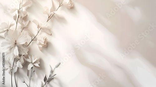 fondo claro elegante y minimalista con elementos de flores decorativas en beige claro un toque sutil y sobrio con espacio para copiar photo