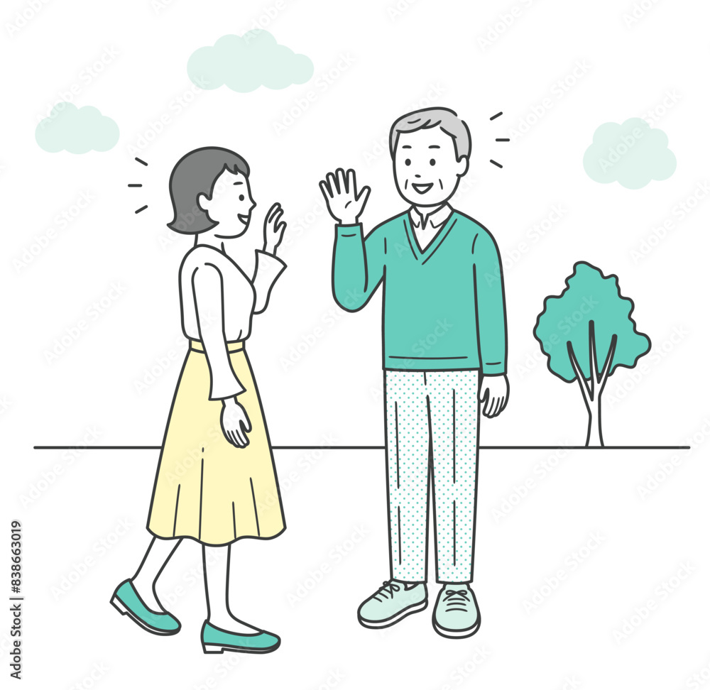 屋外で高齢男性と若い女性が会って挨拶をかわすイラスト