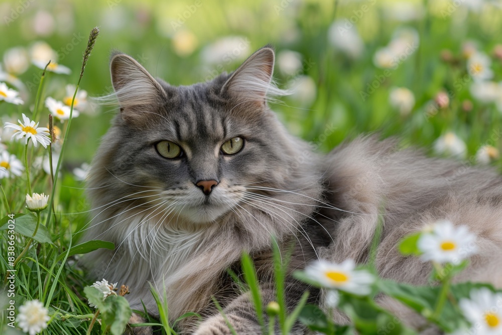 A photo of a beautiful cat in a garden, surrounded by summer flowers. Dappled sunlight shines down. A photo of a beautiful cat in a garden, surrounded by summer flowers. Dappled sunlight shines down.
