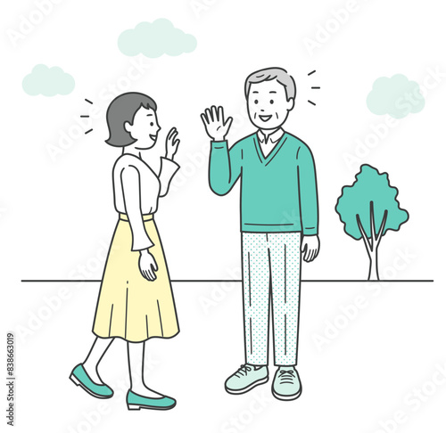 屋外で高齢男性と若い女性が会って挨拶をかわすイラスト