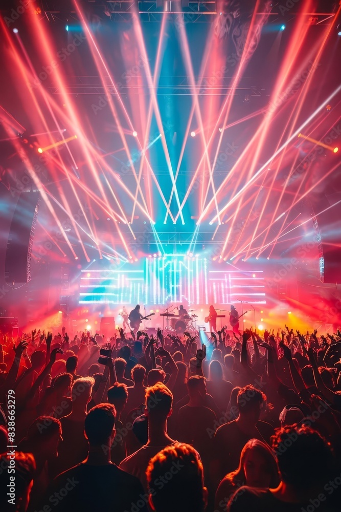 Obraz premium A lively image of a band performing at a music festival with a large crowd and vibrant lights