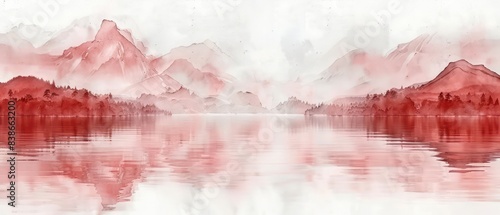 Wallpaper Mural Serene red painting in traditional Chinese scroll style, with misty mountains, delicate ink brush strokes, and minimal color Torontodigital.ca