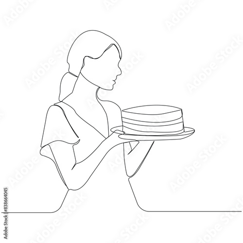 Woman holding a plate of cake line art drawing. Vector illustration.