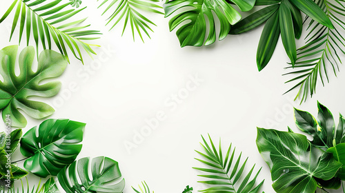 tropical green leaf frame on white background