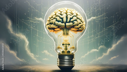 This illustration shows a light bulb with a human brain inside. The brain is the color of yellow ochre, and the inside of the bulb is a pale yellow. The outside of the bulb is a bright white photo