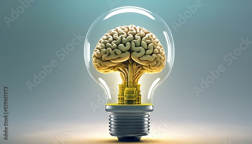 This illustration shows a light bulb with a human brain inside. The brain is the color of yellow ochre, and the inside of the bulb is a pale yellow. The outside of the bulb is a bright white photo