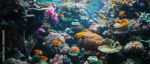 serene underwater environment where vibrant corals and fish coexist in perfect harmony