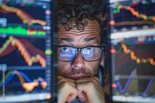 Day Trader Stress - A trader staring at computer screen with rapidly changing stock market graphs, feeling overwhelmed and anxious