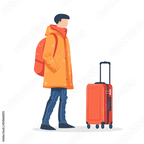 man stands with his suitcase. The flat design style