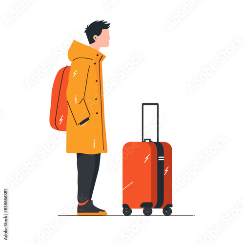 A man stands with his suitcase, in a flat design style, with a simple and cute character illustration