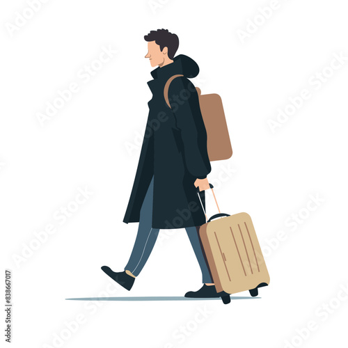 A young man is walking with his luggage, wearing jeans and black coat, simple flat vector illustration style
