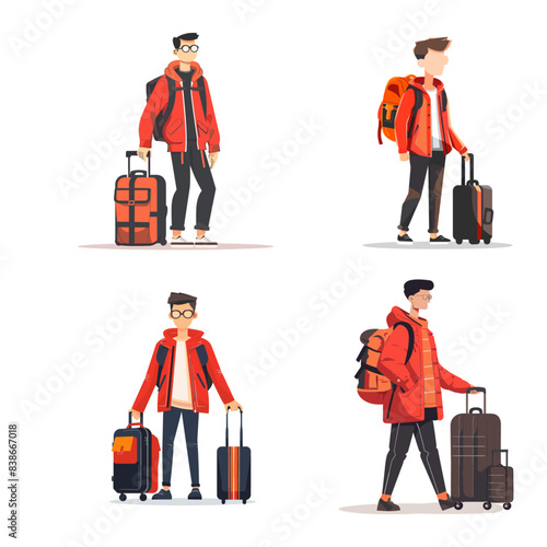4 vector illustrations of a young man with luggage