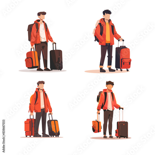 A young man in a red jacket is carrying luggage and walking in different angles and poses