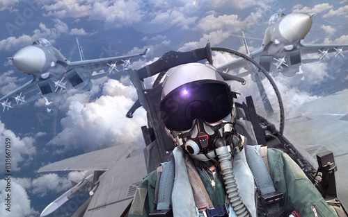 Jet fighter pilot in cockpit view with wingman support