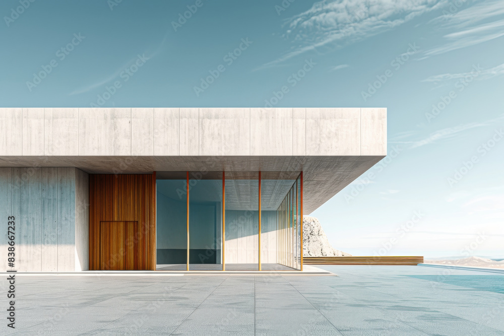 Fototapeta premium White Building on a blue sky backdrop.Modern concrete architecture.