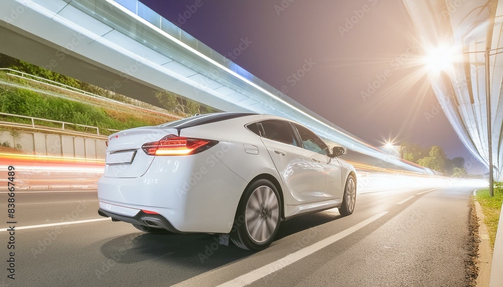 Modern futuristic car in movement. Cars lights on the road at night time. hyperlapse of transportation. Motion blur, light trails Modern futuristic car in movement. Cars lights on the road at night time. hyperlapse of transportation. Motion blur, light trails