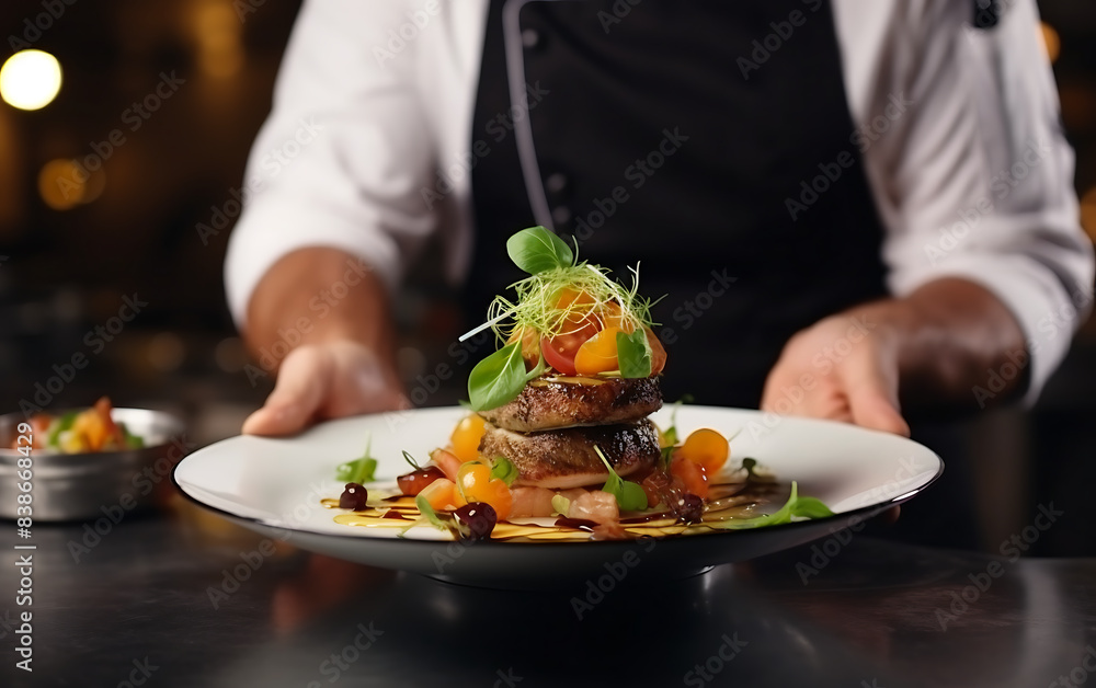 cropped shot of chef cutting grilled salmon steak with vegetables on plate