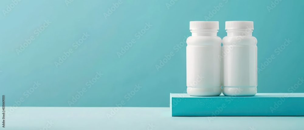 White plastic medicine bottles and pills on a blue background White plastic medicine bottles and pills on a blue background