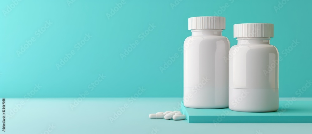White plastic medicine bottles and pills on a blue background White plastic medicine bottles and pills on a blue background