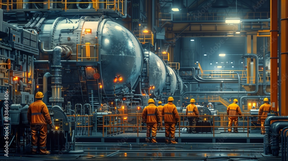 Workers in Heavy Industrial Machinery Facility. Workers in a heavy industrial machinery facility, wearing protective gear and surrounded by large equipment, emphasizing safety and teamwork. Workers in Heavy Industrial Machinery Facility. Workers in a heavy industrial machinery facility, wearing protective gear and surrounded by large equipment, emphasizing safety and teamwork.