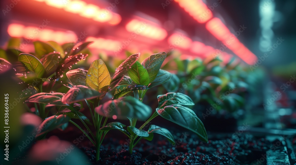 Obraz premium Indoor Hydroponic Plant Growth. Close-up of young plants growing under LED lights in an indoor hydroponic setup, showcasing advanced agricultural technology.