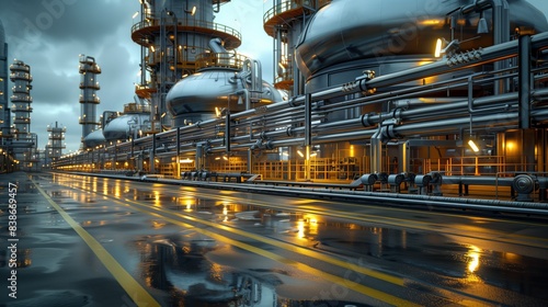 Wet Industrial Facility with Pipes and Tanks. Wet industrial facility featuring numerous pipes and tanks, emphasizing the complexity and scale of modern industrial operations.