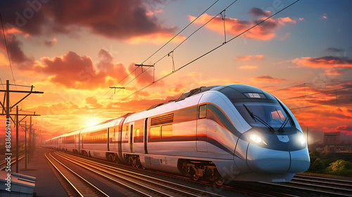 Modern high-speed train on the railway at sunset. 3D rendering