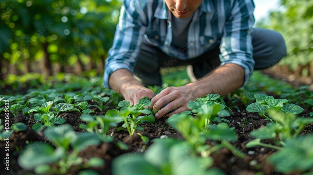 Farmer Planting Seedlings in Field. Farmer carefully planting young seedlings in a field, demonstrating hands-on agricultural practices for successful crop growth. Farmer Planting Seedlings in Field. Farmer carefully planting young seedlings in a field, demonstrating hands-on agricultural practices for successful crop growth.