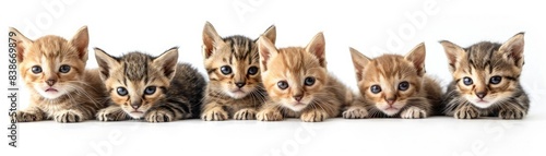Adorable group of six tabby kittens lying in a row with curious expressions on a white background, perfect for cute and playful imagery. photo