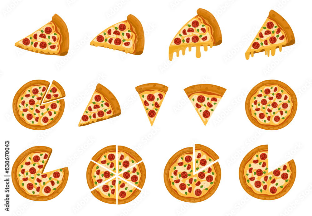 Tasty sliced pizza set. Piece of Pizza with tomato, pepperoni, pineapple, cheese, basil top view isolated on white background. Piece of pizza from top view. Tasty sliced pizza set. Piece of Pizza with tomato, pepperoni, pineapple, cheese, basil top view isolated on white background. Piece of pizza from top view.