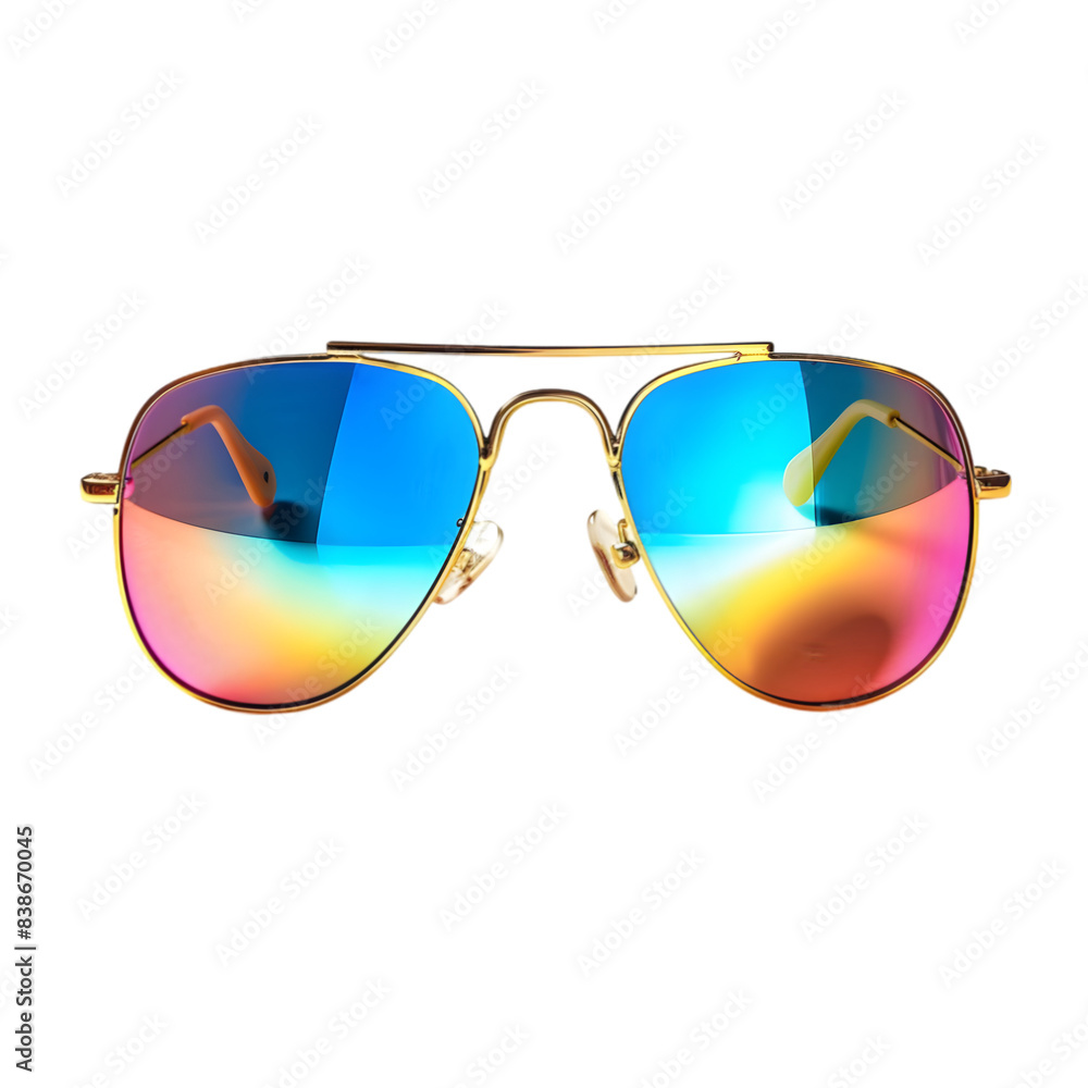 Stylish aviator sunglasses with reflective rainbow lenses, featuring a gold frame. Perfect accessory for sun protection and fashion statement.transparent, png, Stylish aviator sunglasses with reflective rainbow lenses, featuring a gold frame. Perfect accessory for sun protection and fashion statement.transparent, png,
