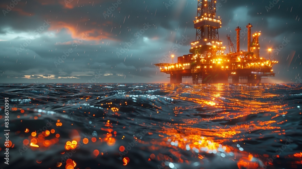 Offshore oil rig in stormy sea. Offshore oil rig illuminated at night, situated in rough and stormy sea conditions, with rain and dramatic clouds overhead.
