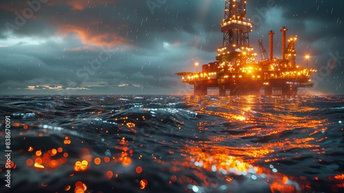 Offshore oil rig in stormy sea. Offshore oil rig illuminated at night, situated in rough and stormy sea conditions, with rain and dramatic clouds overhead. © Old Man Stocker