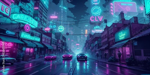 A futuristic city street at night with neon lights and cars driving by