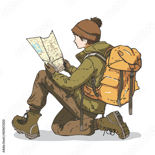 young man is looking at a map while wearing hiking gear and carrying an outdoor backpack on his back